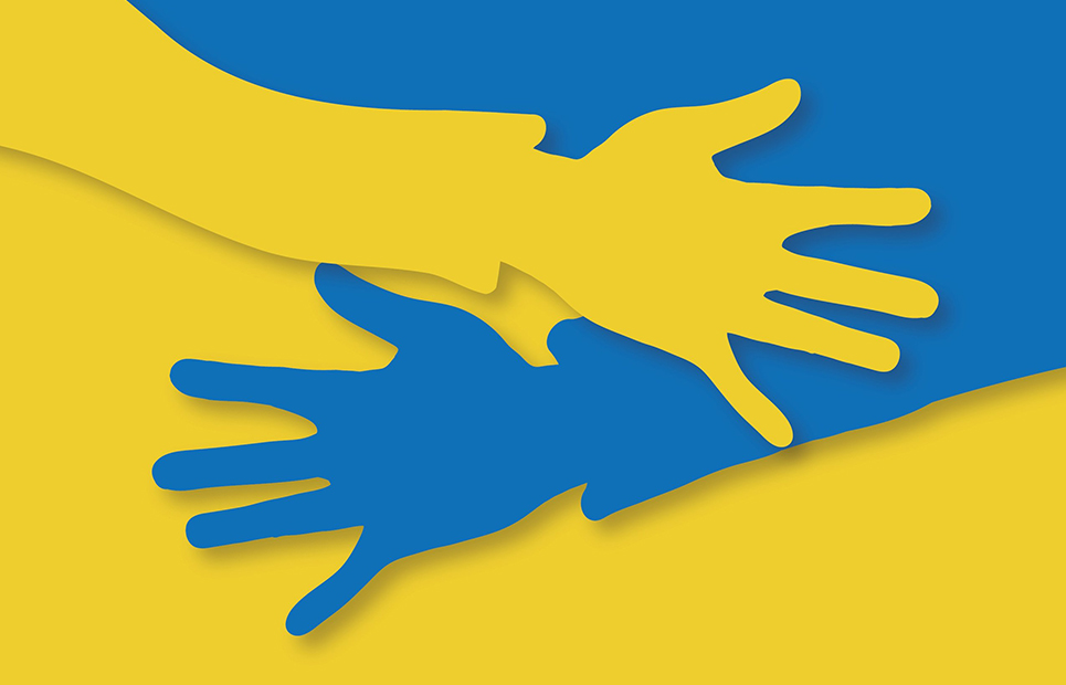 Symbolbild: Zwei Hände die nacheinander greifen in den Farben der ukrainischen Landesflagge Blau und Gelb