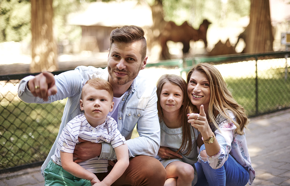 Man sieht eine vierköpfige Familie in einem Zoo oder Freizeitpark